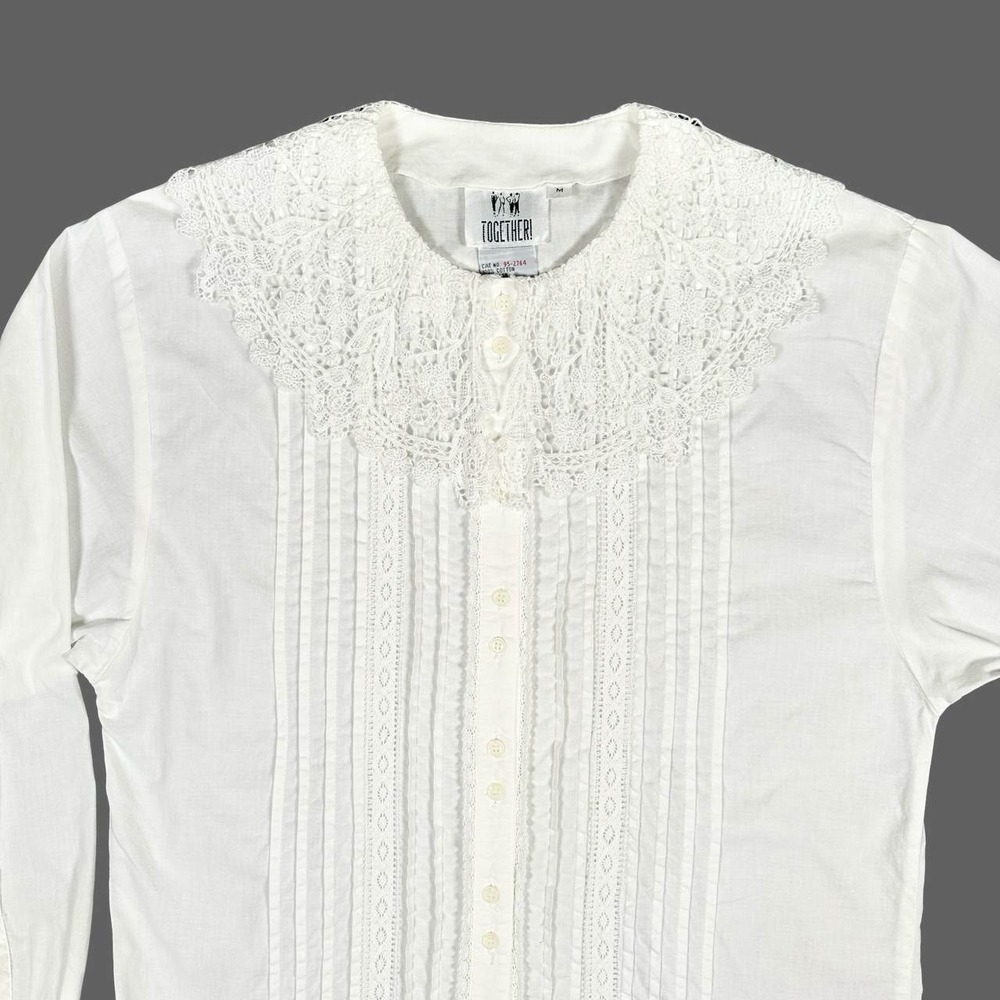 Vintage Together White Crochet Lace Collar Pintuck Blouse M Cottagecore Prairie